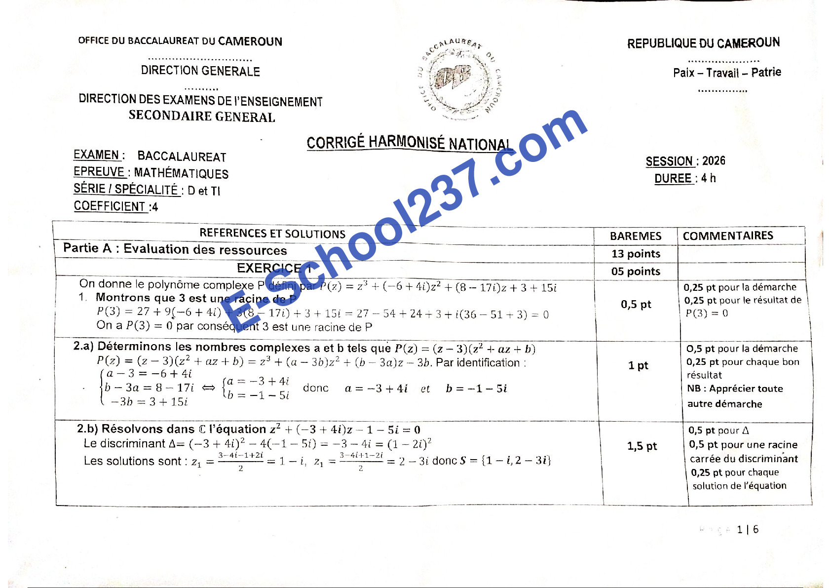 Corrigé Harmonisé nat maths Bac D-TI 2026